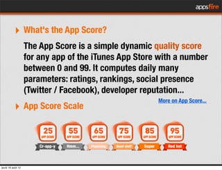 ‣        What's the App Score?
                   The App Score is a simple dynamic quality score
                   for a...