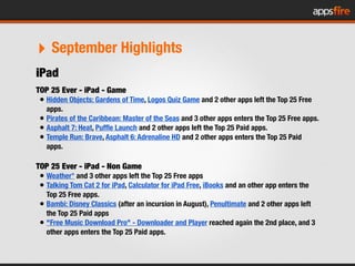 ‣ September Highlights
iPad
TOP 25 Ever - iPad - Game
• Hidden Objects: Gardens of Time, Logos Quiz Game and 2 other apps ...